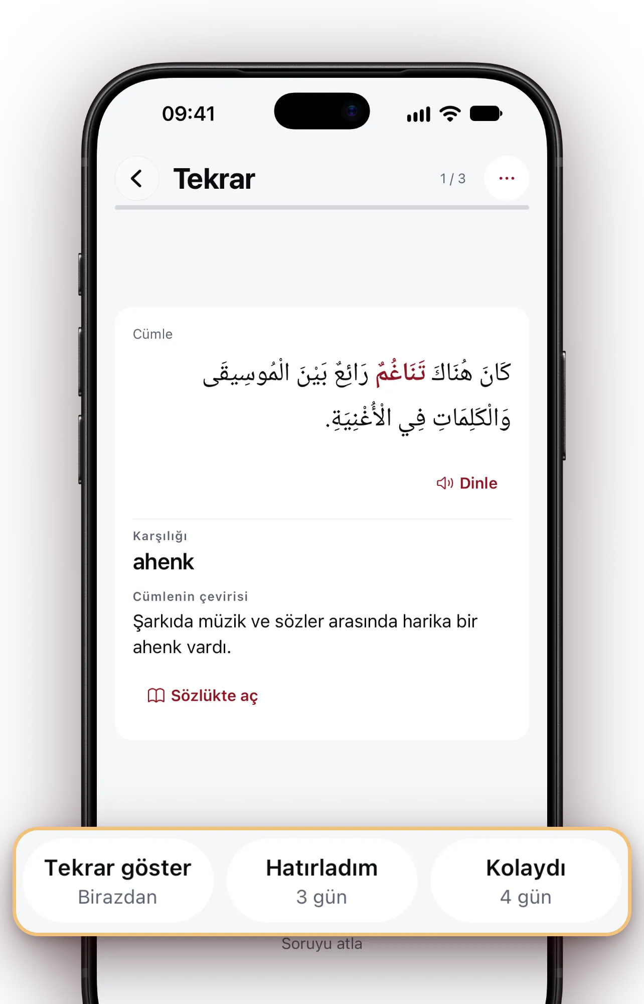 Tekrar kartı: تَنَاغُم «ahenk» kelimesinin cümlesi ve üç cevap düğmesi